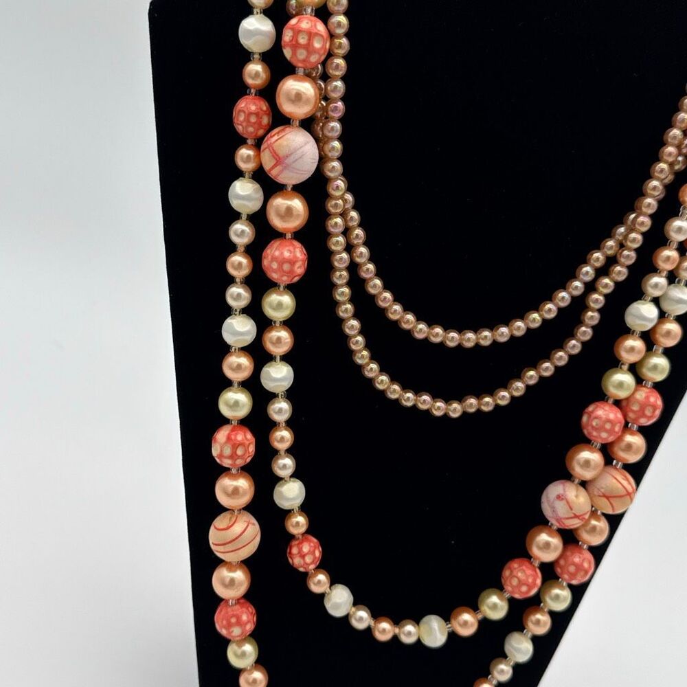 Vintage 1950s Art Glass Pearl Necklace Set 34” C Clasp & 25” Layered Coral Pink